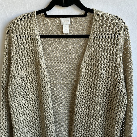 Chico’s tan open front sweater with interwoven gold metallic thread, size 2/M - Picture 2 of 9